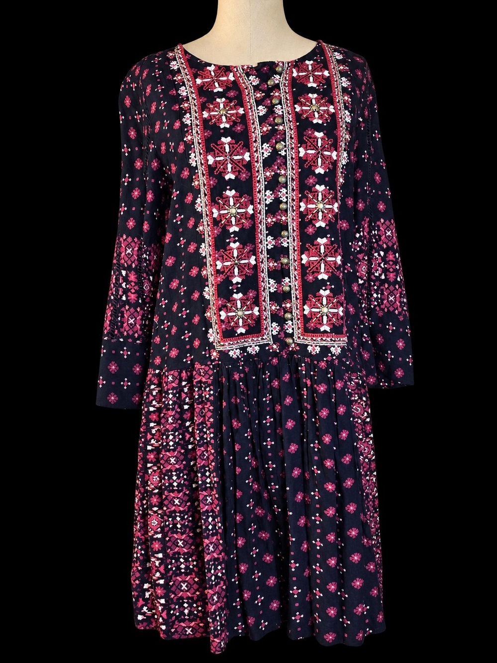 Anthropologie Vanessa Virginia Embroidered Beaded Long-Sleeve Midi Dress
